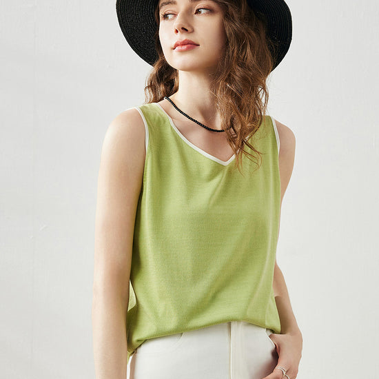 COMOBOCA Bright Green Women's V-Neck Contrast Trim Tank Top
