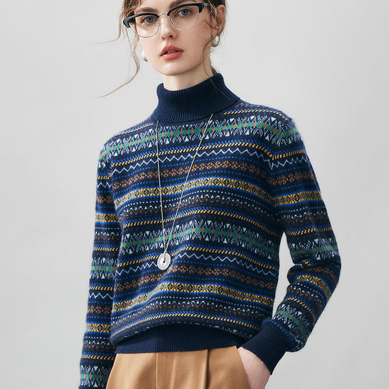 COMOBOCA 100% Cashmere Women's Fair Isle Turtleneck Sweater