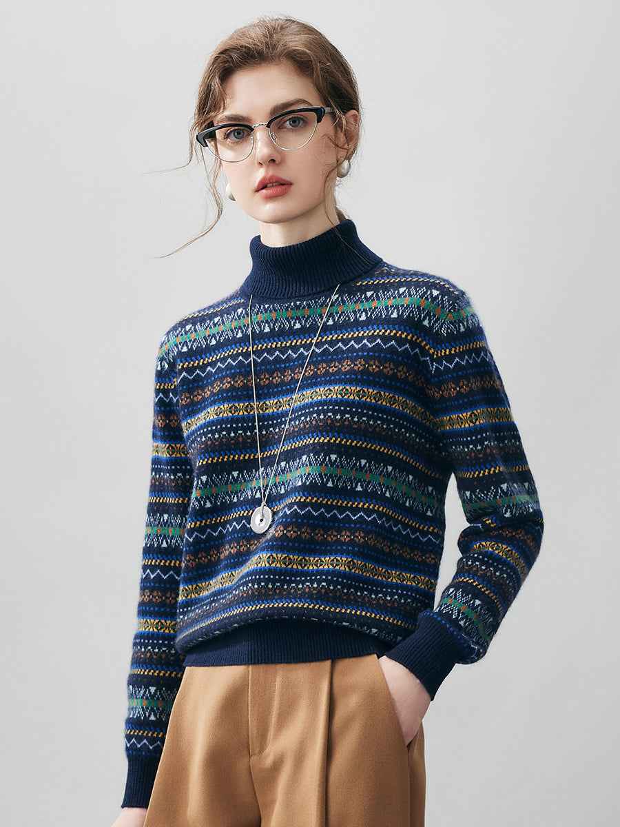 COMOBOCA 100% Cashmere Women's Fair Isle Turtleneck Sweater