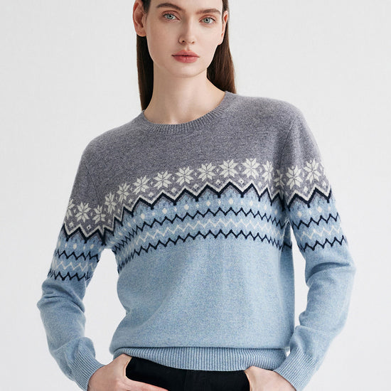 COMOBOCA Light Blue 100% Cashmere Women's Fair Isle Round Neck Knit Sweater