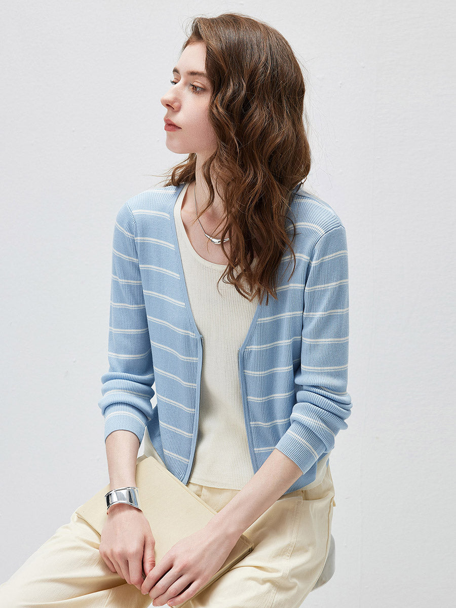 COMOBOCA Women's Striped Ribbed Knit Faux 2-in-1 Zip Cardigan