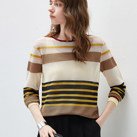COMOBOCA Women's Multi Striped Mesh Knit Round Neck Sweater