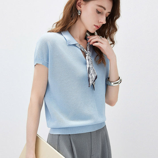 COMOBOCA Women's Paisley Scarf Polo Collar Waffle Knit T-Shirt