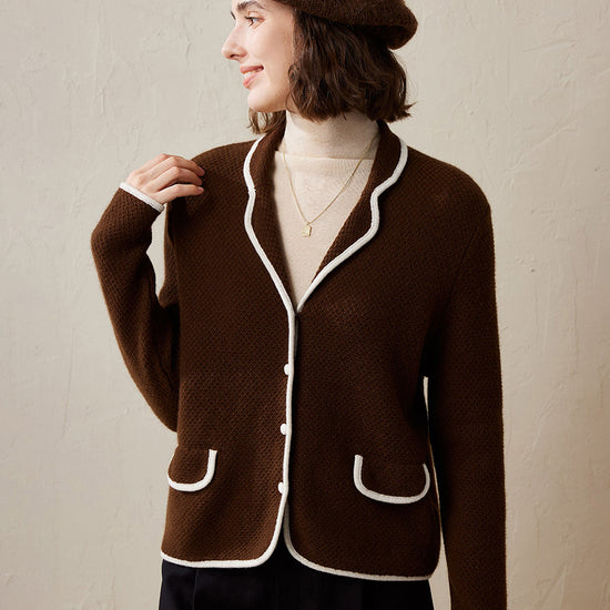 COMOBOCA 100% Cashmere Women's Contrast Trim Knit Cardigan
