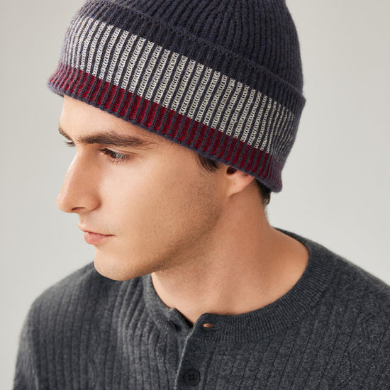 COMOBOCA 100% Wool Men's Striped Ribbed Knit Beanie