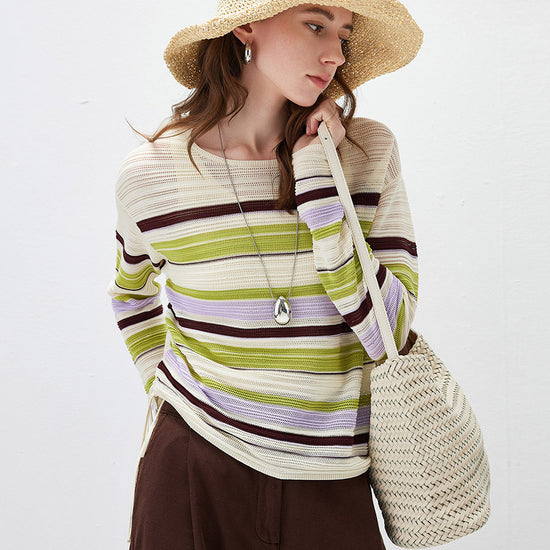 COMOBOCA Striped Women's Striped Mesh Ruched Drawstring Knit Sweater
