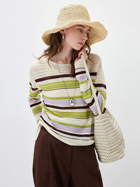 COMOBOCA Striped Women's Striped Mesh Ruched Drawstring Knit Sweater