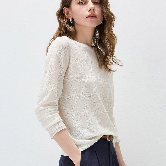 COMOBOCA Women's Textured Sheer Knit Round Neck Sweater