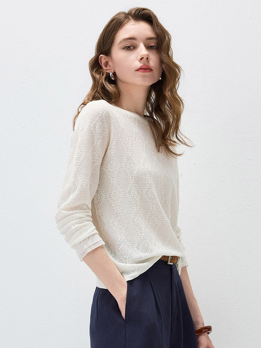 COMOBOCA Women's Textured Sheer Knit Round Neck Sweater