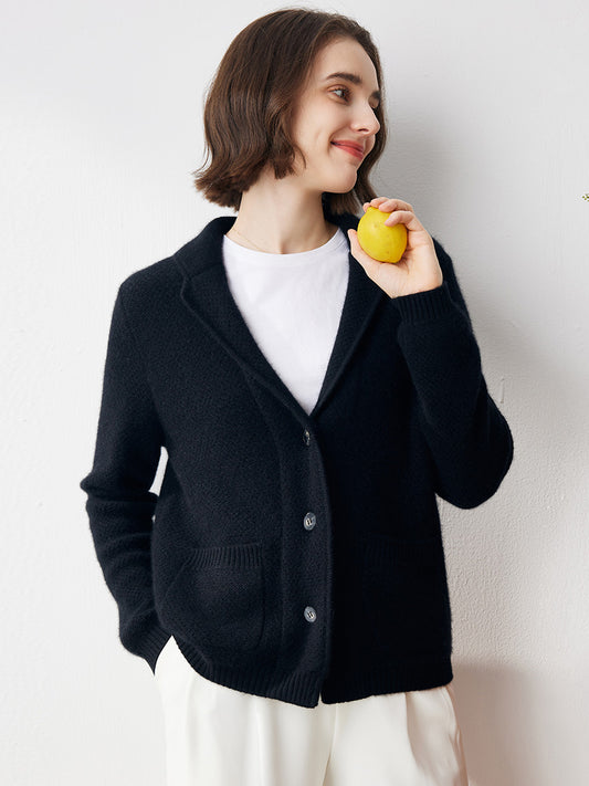 COMOBOCA Black 100% Cashmere Women's Blazer Collar Cardigan