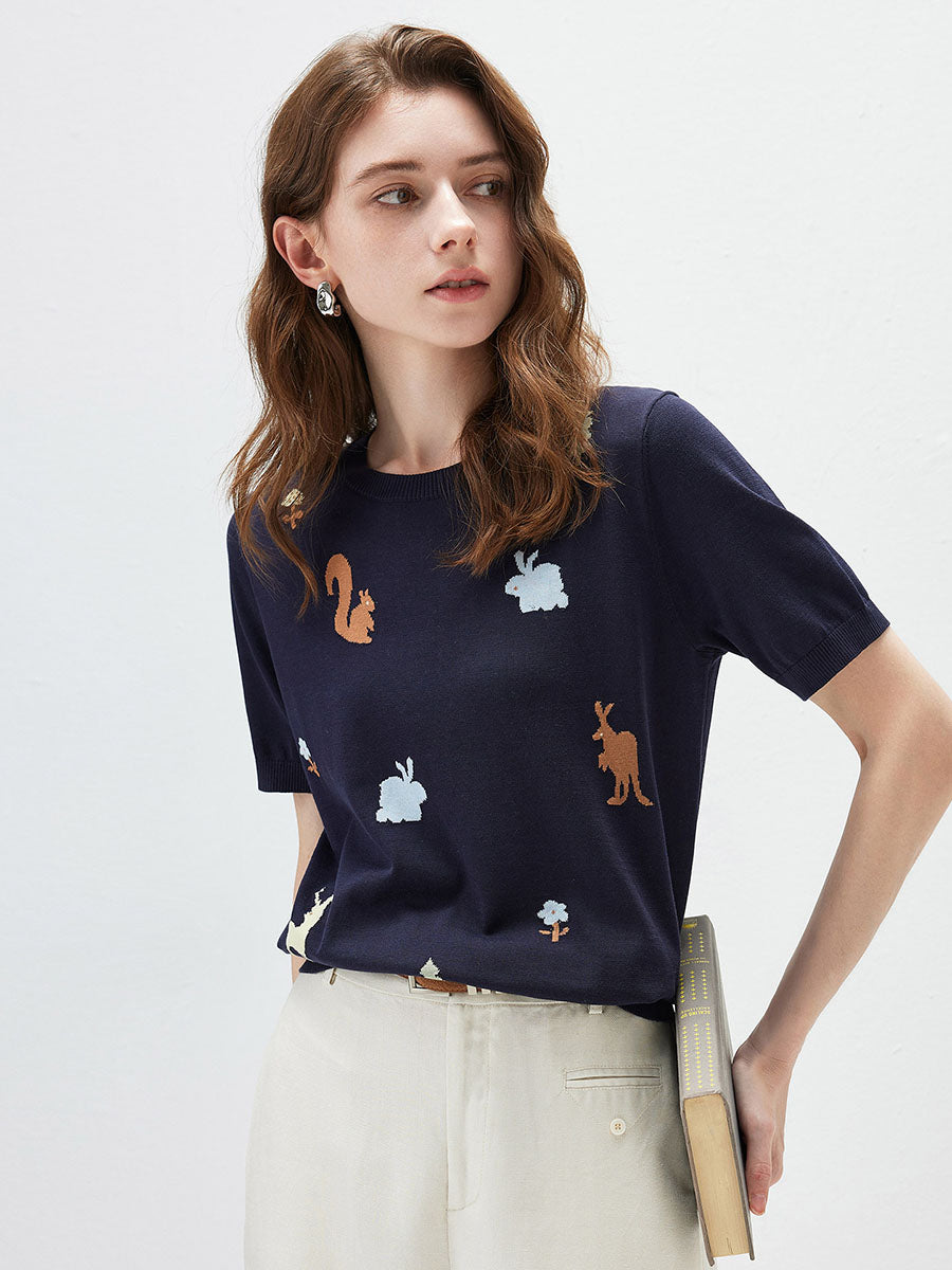 COMOBOCA Women's Forest Animal Intarsia Knit T-Shirt