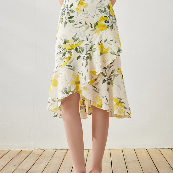 COMOBOCA Sunny Meadow 100% Mulberry Silk Women's Floral Ruffle Midi Skirt