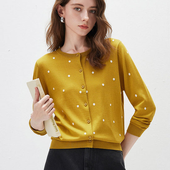 COMOBOCA Golden Blossom Women's Lyocell Polka Dot Knit Cardigan