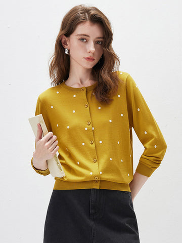 COMOBOCA Golden Blossom Women's Lyocell Polka Dot Knit Cardigan