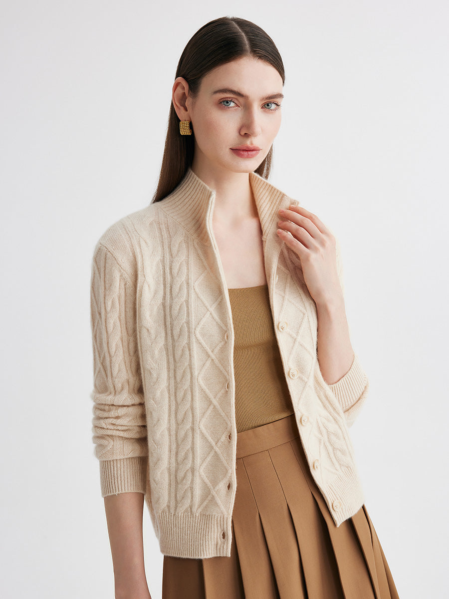 COMOBOCA 100% Cashmere Women's Cable Mock Neck Knit Cardigan