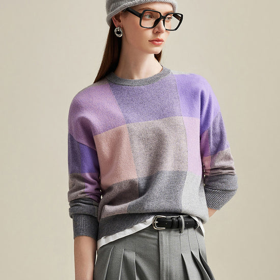 COMOBOCA 100% Cashmere Women's Color Block Plaid Sweater