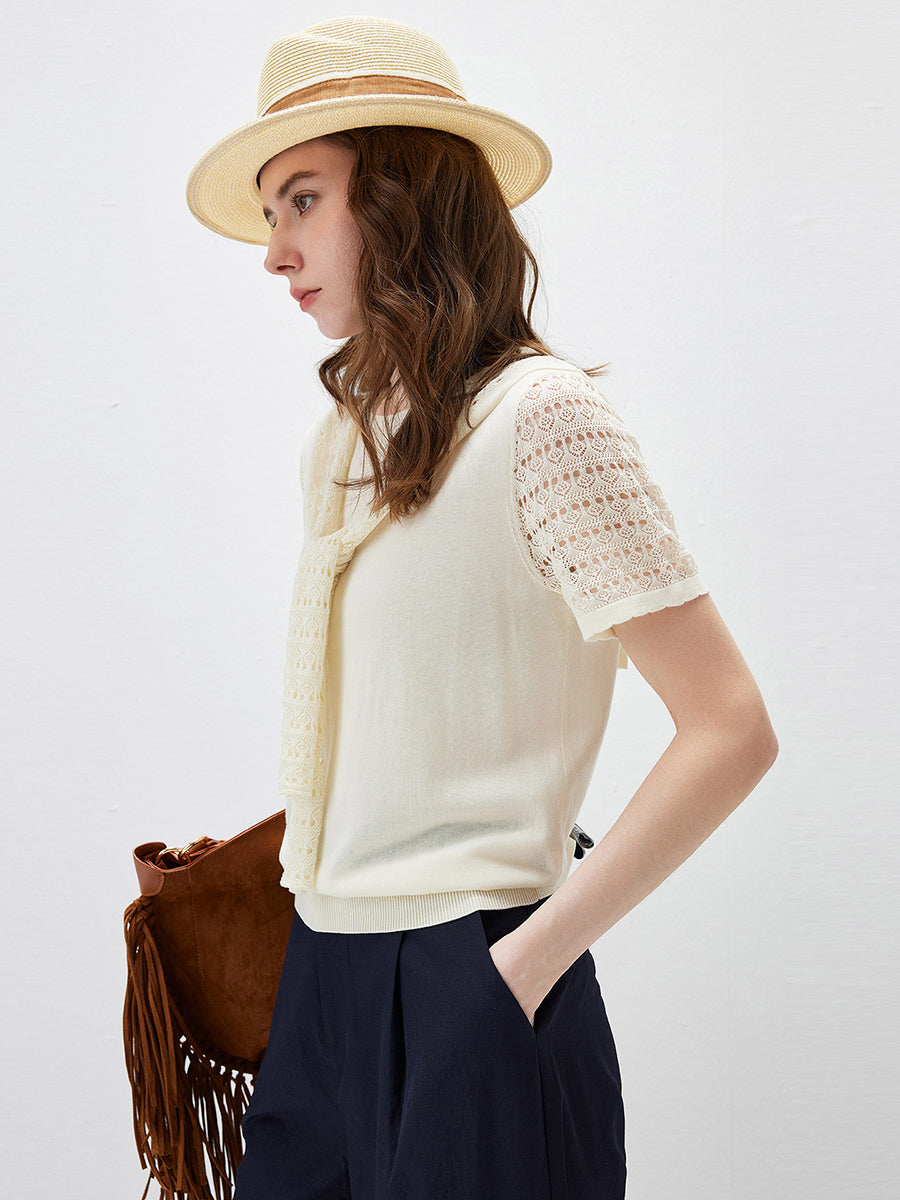 COMOBOCA Women's Lace Round Neck Knit T-Shirt