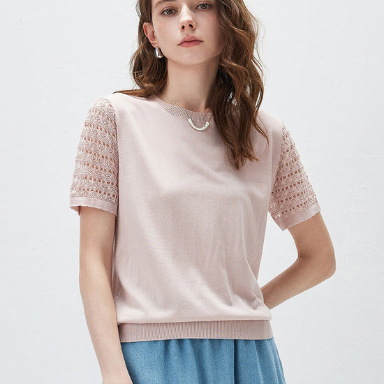 COMOBOCA Light Pink Women's Lace Round Neck Knit T-Shirt