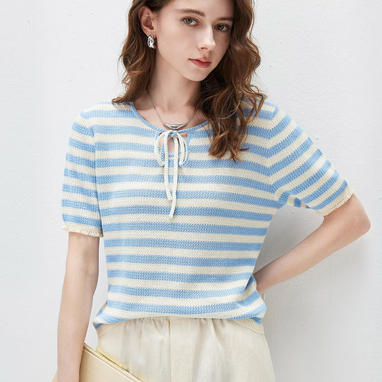 COMOBOCA Women's Tie-Neck Striped Knit T-Shirt