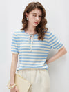 COMOBOCA Women's Tie-Neck Striped Knit T-Shirt