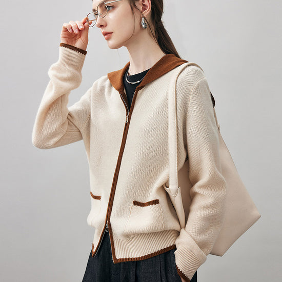 COMOBOCA 100% Cashmere Women's Contrast Collar Double Zip Cardigan