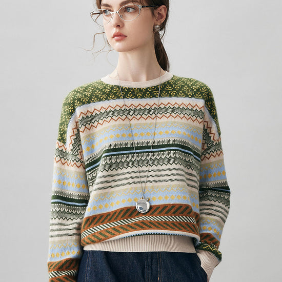 COMOBOCA 100% Cashmere Women's Fair Isle Round Neck Sweater
