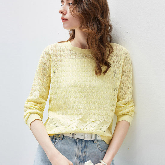 COMOBOCA Women's Openwork Round Neck Knit Sweater