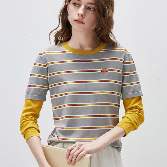 COMOBOCA Women's Layered Striped Round Neck Knit Sweater