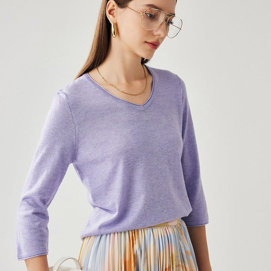 COMOBOCA Purple Women's V-Neck 3/4 Sleeve Golden Heart T-Shirt