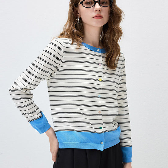 COMOBOCA Women's Striped Color Block Button Front Cardigan