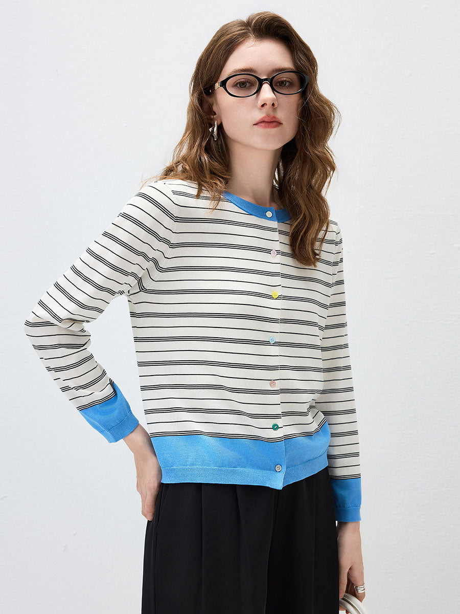 COMOBOCA Women's Striped Color Block Button Front Cardigan