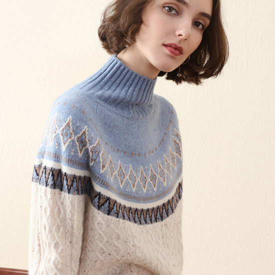 COMOBOCA 100% Cashmere Women's Mock Neck Fair Isle Cable Knit Sweater