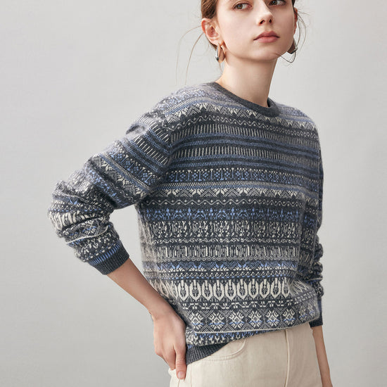 COMOBOCA 100% Cashmere Women's Fair Isle Round Neck Sweater