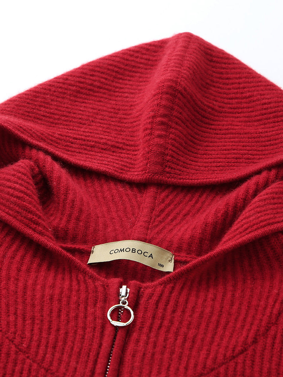 COMOBOCA 100% Cashmere Women's Ribbed Zip Knit Cardigan Hoodie