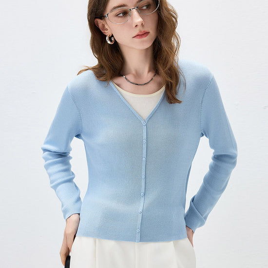 COMOBOCA Women's Ribbed Knit V-Neck Faux Cardigan