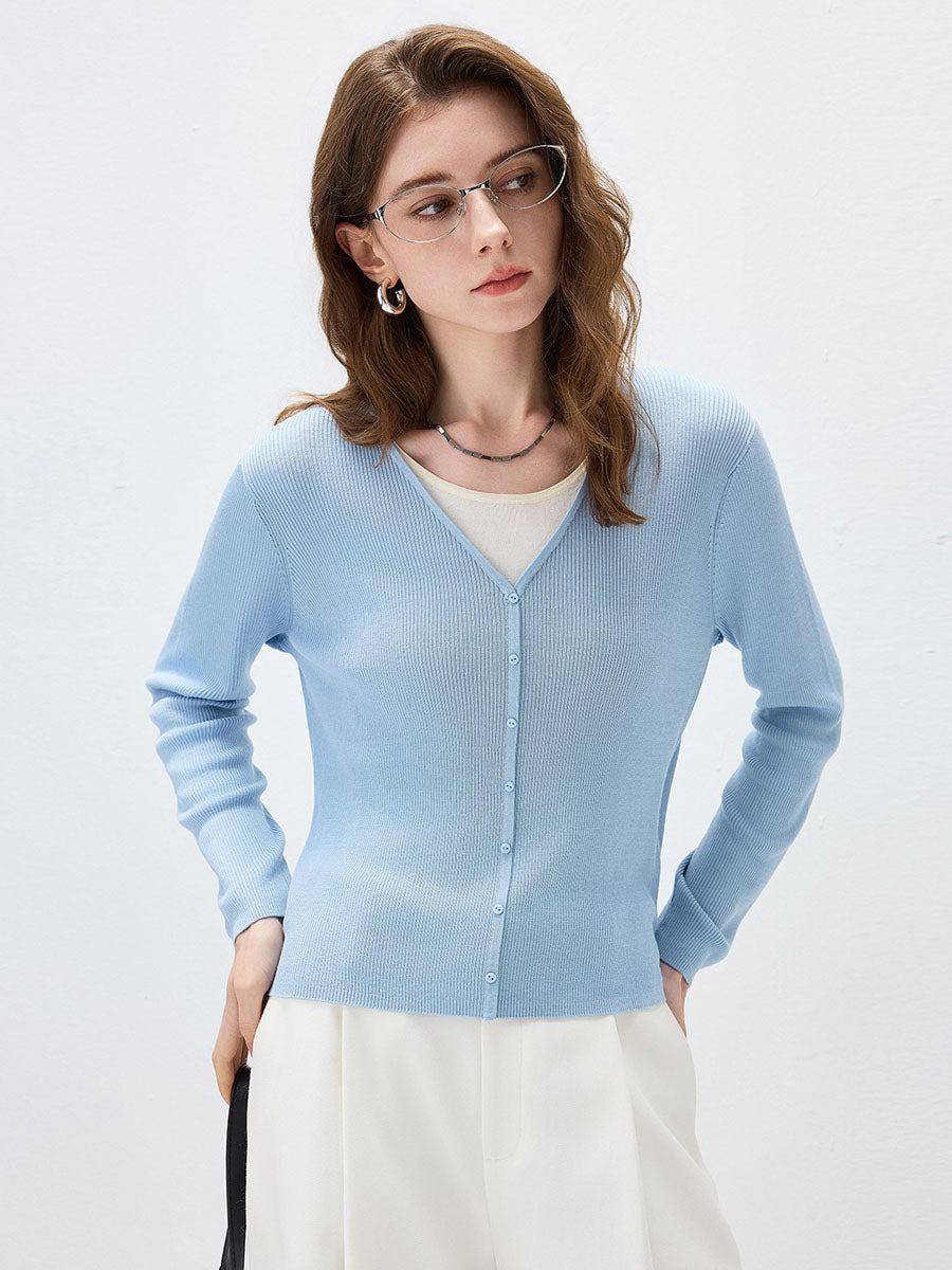 COMOBOCA Women's Ribbed Knit V-Neck Faux Cardigan