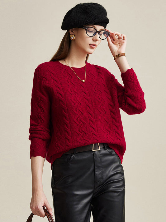 COMOBOCA Red 100% Wool Women's Vibrant Color Cable Knit Sweater