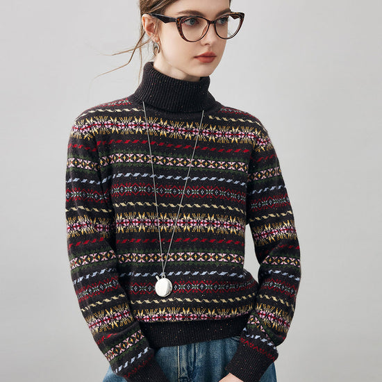 COMOBOCA 100% Cashmere Women's Fair Isle Turtleneck Sweater