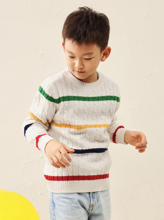 COMOBOCA 140 White 100% Wool Kids' Colorful Striped Knit Sweater