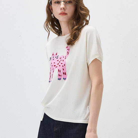 COMOBOCA Women's Leopard Cat Embroidered Knit T-Shirt