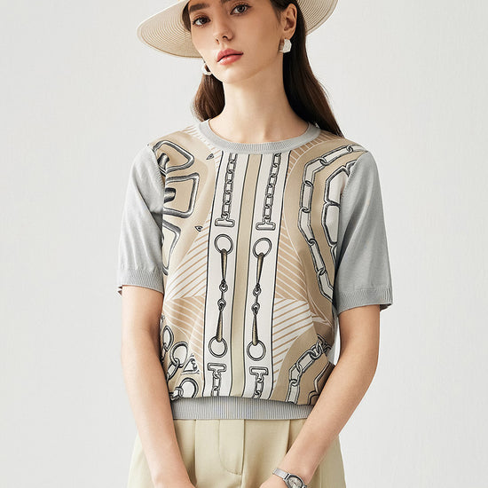 COMOBOCA Gray Women's Graphic Chain Design Knit T-Shirt