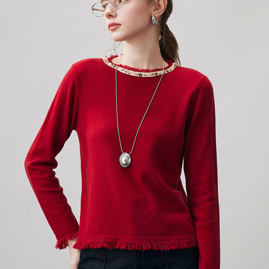 COMOBOCA Red 100% Cashmere Women's Fringed Hem Floral Sweater