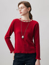 COMOBOCA Red 100% Cashmere Women's Fringed Hem Floral Sweater