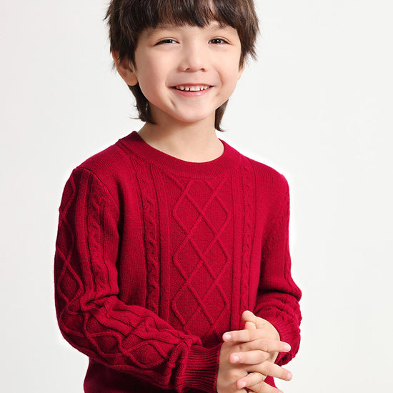 COMOBOCA RED 100% Wool Kids' Ribbed Round Neck Sweater