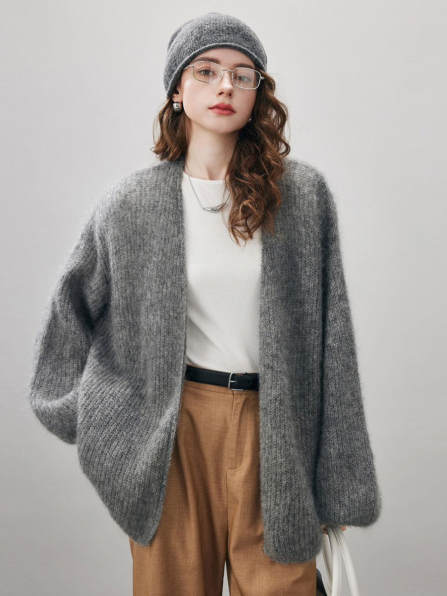 COMOBOCA M Gray Women's Mohair Fluffy Open Front Cardigan