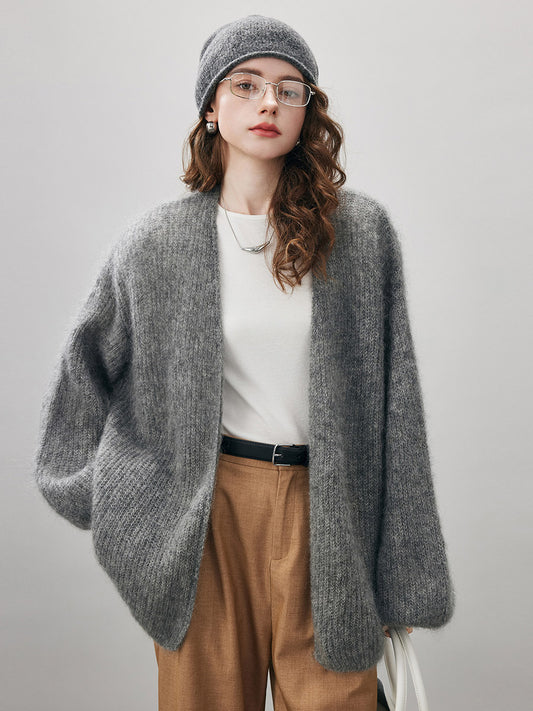 COMOBOCA M Gray Women's Mohair Fluffy Open Front Cardigan