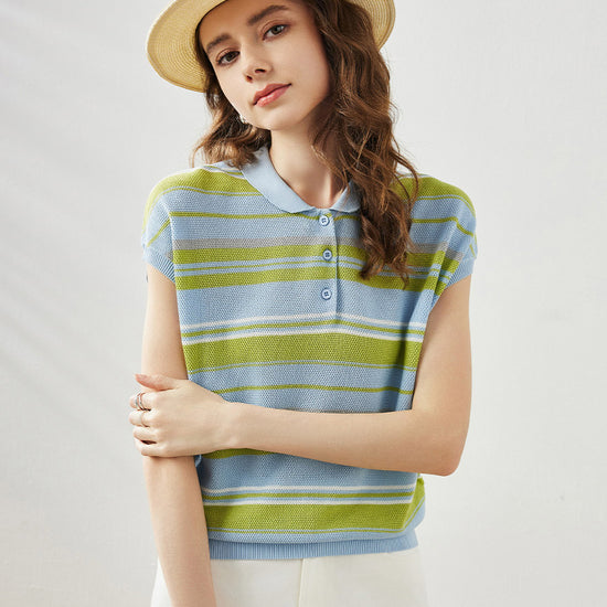 COMOBOCA Light Blue Women's Striped Knit Polo T-Shirt