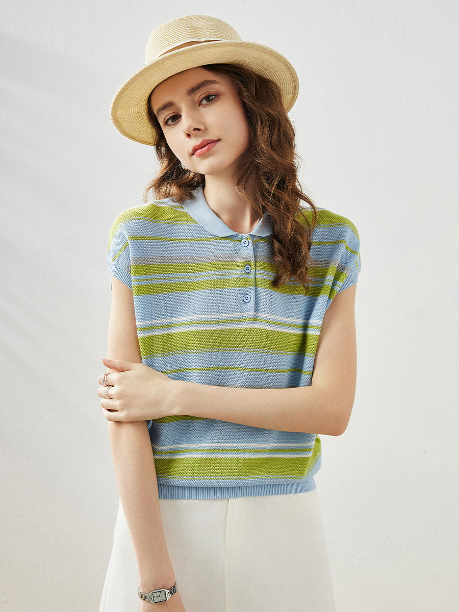 COMOBOCA Light Blue Women's Striped Knit Polo T-Shirt