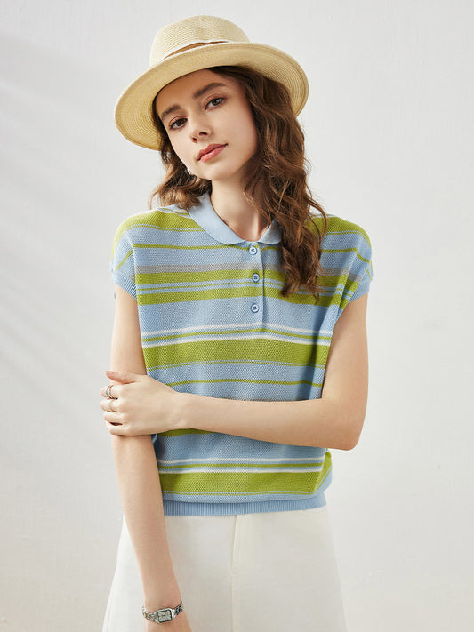COMOBOCA Light Blue Women's Striped Knit Polo T-Shirt