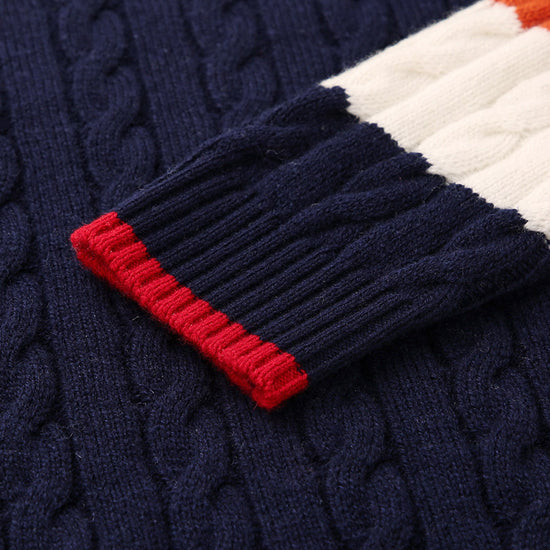 COMOBOCA 100% Wool Kids' Cable Knit Sweater with Color Block Detail